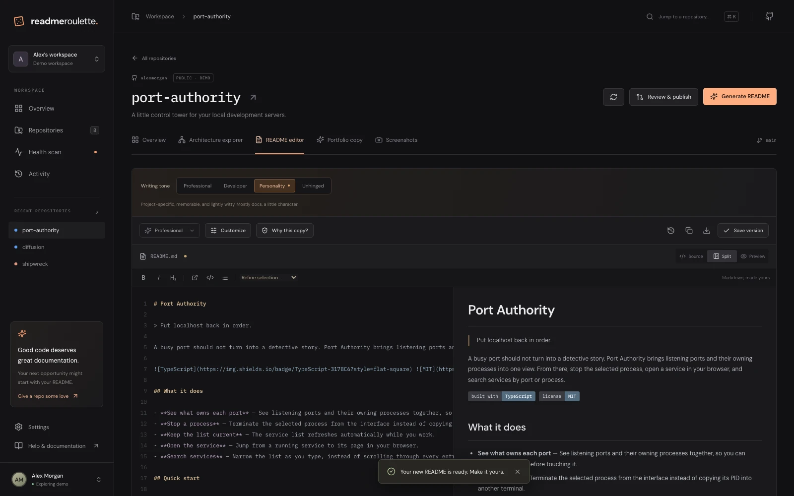 readme roulette — From repository to readable README